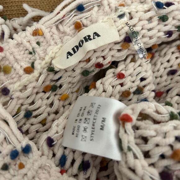 Adora Sweater SZ Med Distressed Rag Multicolor Pom Pom's Oversized Crop Chunky - Picture 7 of 7